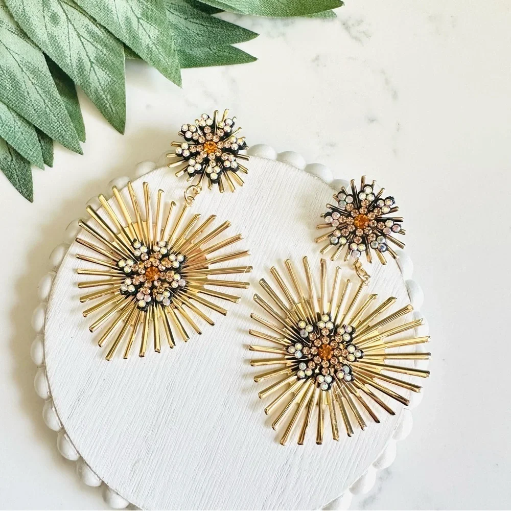 2/$30🌵 Gold Heart Earrings Firework Rhinestone Sunburst Sparkle Statement NEW